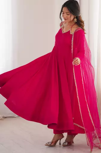 dark pink color chanderi silk blend three piece anarkali suit