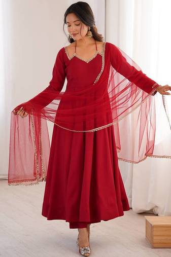 maroon color chanderi silk blend three piece anarkali suit