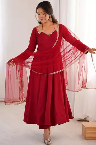 maroon color chanderi silk blend three piece anarkali suit