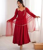 maroon color chanderi silk blend three piece anarkali suit