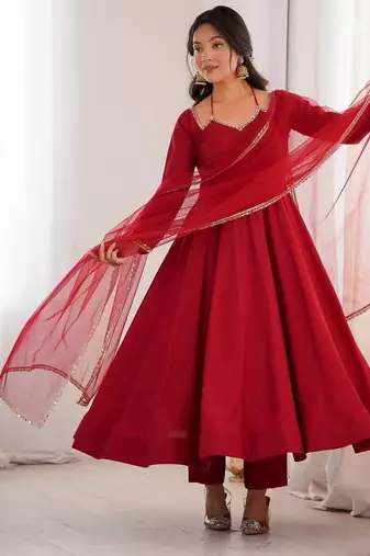 maroon color chanderi silk blend three piece anarkali suit