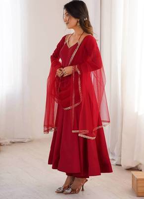 maroon color chanderi silk blend three piece anarkali suit 4