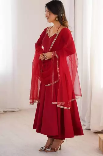 maroon color chanderi silk blend three piece anarkali suit