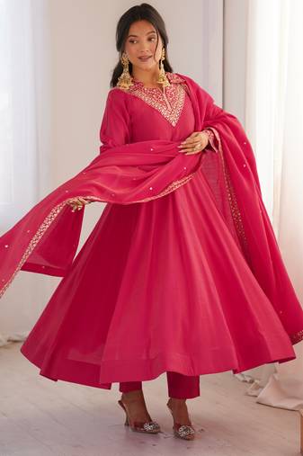 pink  silk blend anarkali suit 3 piece set