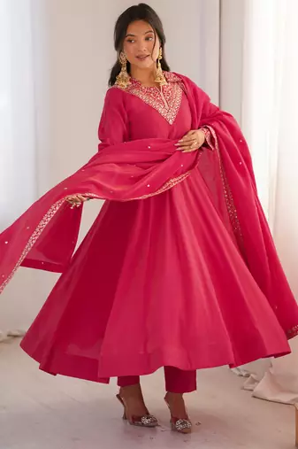 pink  silk blend anarkali suit 3 piece set