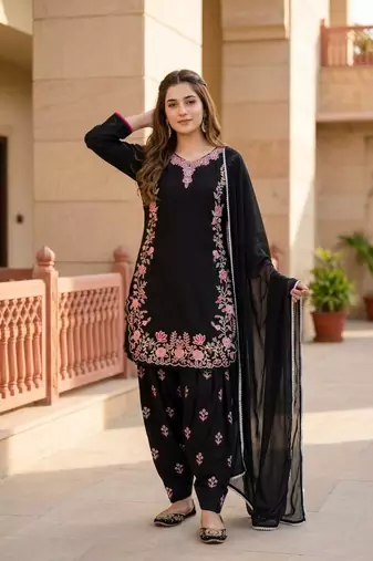 Black Color Embroidery Work Silk Blend Salwar Suit