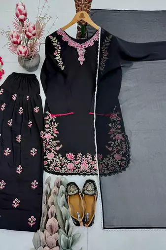 Black Color Embroidery Work Silk Blend Salwar Suit