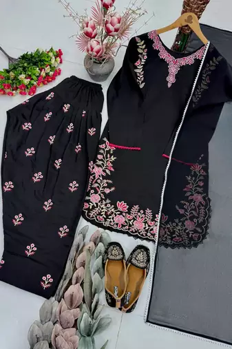 Black Color Embroidery Work Silk Blend Salwar Suit