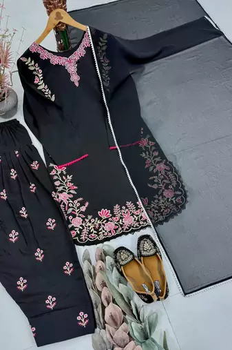 Black Color Embroidery Work Silk Blend Salwar Suit