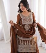 brown embroidery jari work silk blend kurti sharara with dupatta