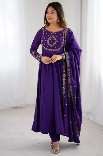 Purple designer heavy pure silk blend  anarkali gown set with beads handwork, for women's