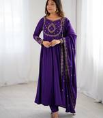 Purple designer heavy pure silk blend  anarkali gown set with beads handwork, for women's