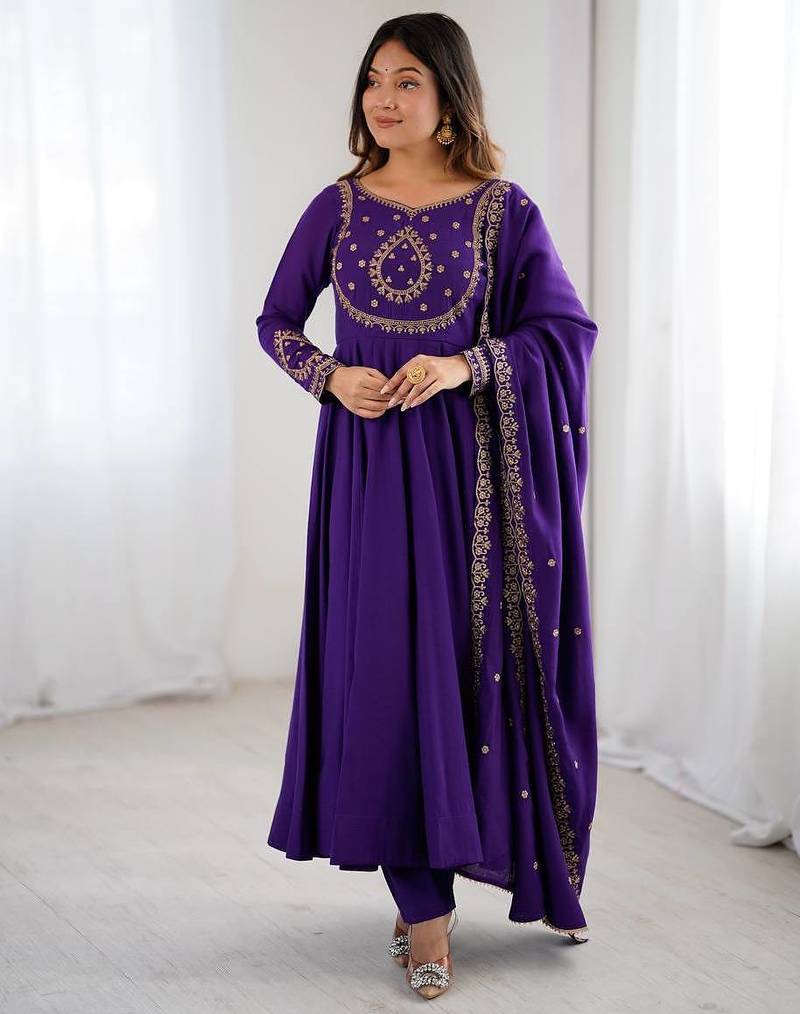 Purple designer heavy pure silk blend  anarkali gown set with beads handwork, for women's