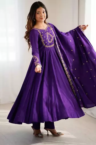 Purple designer heavy pure silk blend  anarkali gown set with beads handwork, for women's