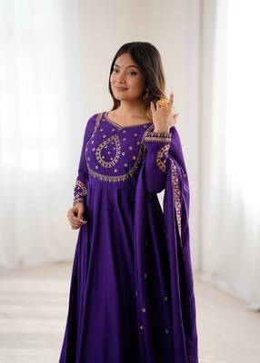 Purple designer heavy pure silk blend  anarkali gown set with beads handwork, for women's 3
