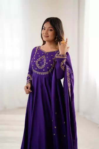 Purple designer heavy pure silk blend  anarkali gown set with beads handwork, for women's