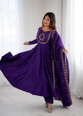 Purple designer heavy pure silk blend  anarkali gown set with beads handwork, for women's 4