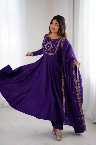 Purple designer heavy pure silk blend  anarkali gown set with beads handwork, for women's