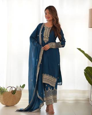 trendy teal jari work kurta with fancy embroidery pant and dupatta 1