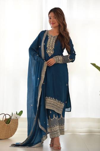 trendy teal jari work kurta with fancy embroidery pant and dupatta