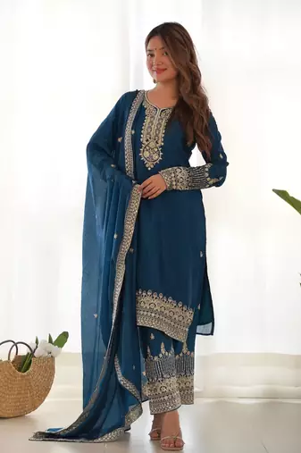 trendy teal jari work kurta with fancy embroidery pant and dupatta