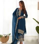 trendy teal jari work kurta with fancy embroidery pant and dupatta