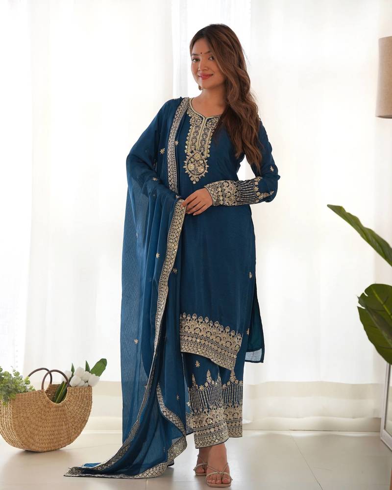 trendy teal jari work kurta with fancy embroidery pant and dupatta