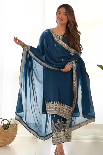 trendy teal jari work kurta with fancy embroidery pant and dupatta