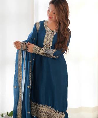 trendy teal jari work kurta with fancy embroidery pant and dupatta 3