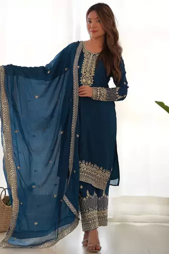 trendy teal jari work kurta with fancy embroidery pant and dupatta