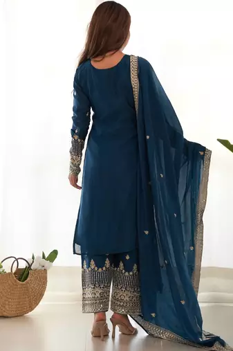 trendy teal jari work kurta with fancy embroidery pant and dupatta