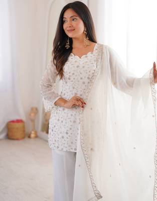 modern off  white silk blend sequence work kurta bell bottom suit set 3