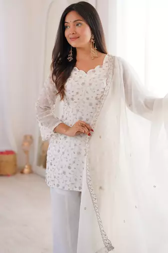 modern off  white silk blend sequence work kurta bell bottom suit set