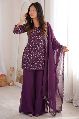 modern wine silk blend sequence work kurta bell bottom suit set