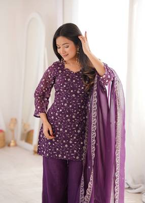 modern wine silk blend sequence work kurta bell bottom suit set 3