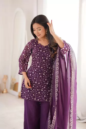 modern wine silk blend sequence work kurta bell bottom suit set