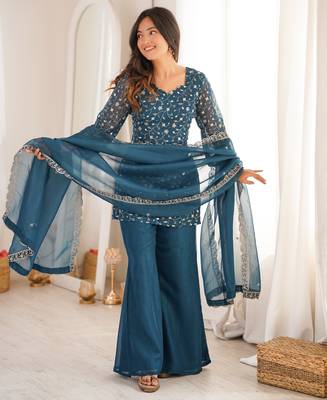 modern tealblue silk blend sequence work kurta bell bottom suit set 1