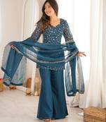 modern tealblue silk blend sequence work kurta bell bottom suit set