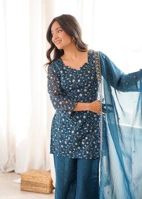 modern tealblue silk blend sequence work kurta bell bottom suit set 2
