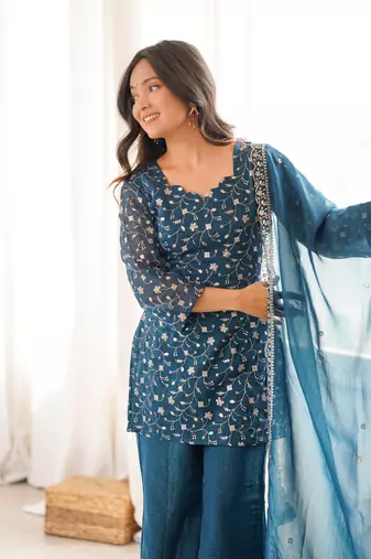 modern tealblue silk blend sequence work kurta bell bottom suit set