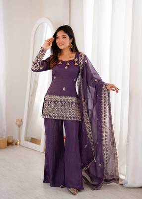 purple silk blend embroidered kurta set with bell bottom pant & dupatta 1