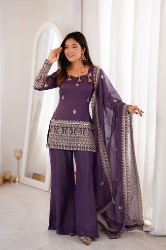 purple silk blend embroidered kurta set with bell bottom pant & dupatta