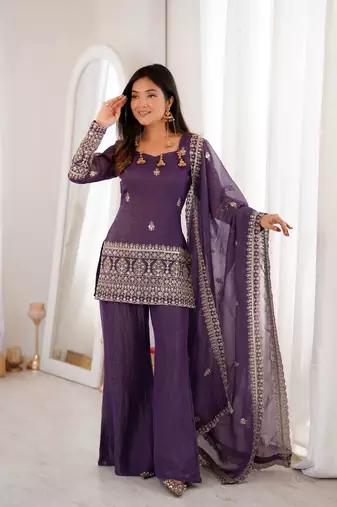 purple silk blend embroidered kurta set with bell bottom pant & dupatta