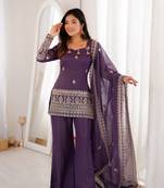 purple silk blend embroidered kurta set with bell bottom pant & dupatta