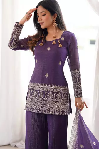 purple silk blend embroidered kurta set with bell bottom pant & dupatta
