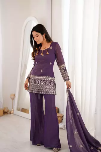 purple silk blend embroidered kurta set with bell bottom pant & dupatta