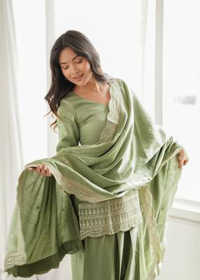 sage green embroidered kurta set with dupatta & patiala pants 2