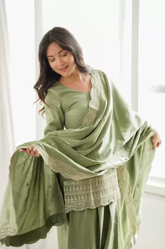 sage green embroidered kurta set with dupatta & patiala pants