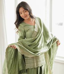 sage green embroidered kurta set with dupatta & patiala pants
