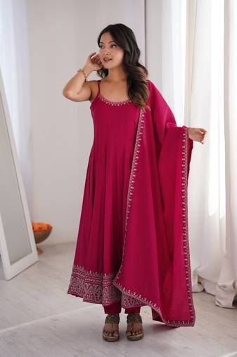 rani pink color silk blend hree piece anarkali suit